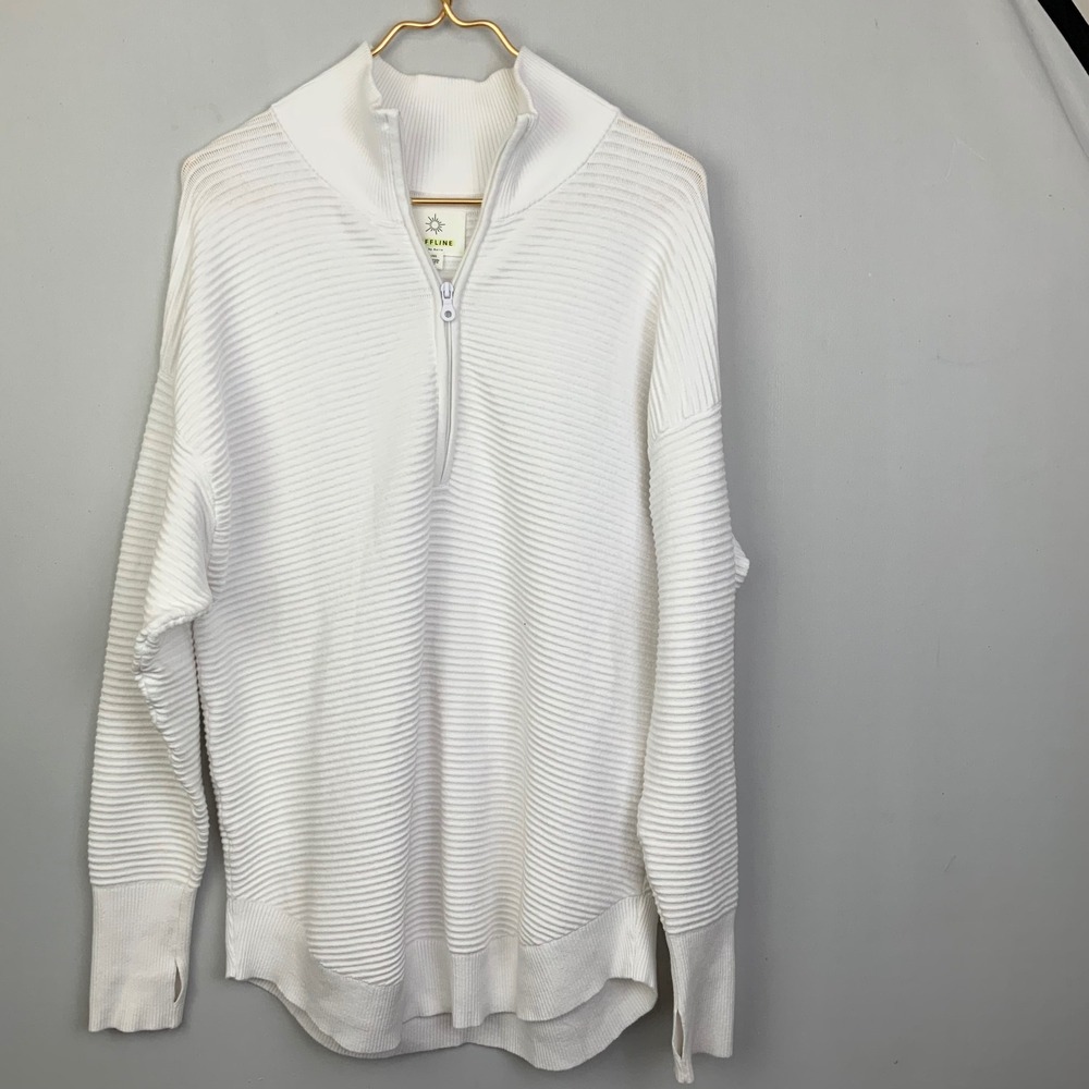 Offline Aerie Sz Large White Ribbed Quarter Zip Collared Pullover Sweatshirt